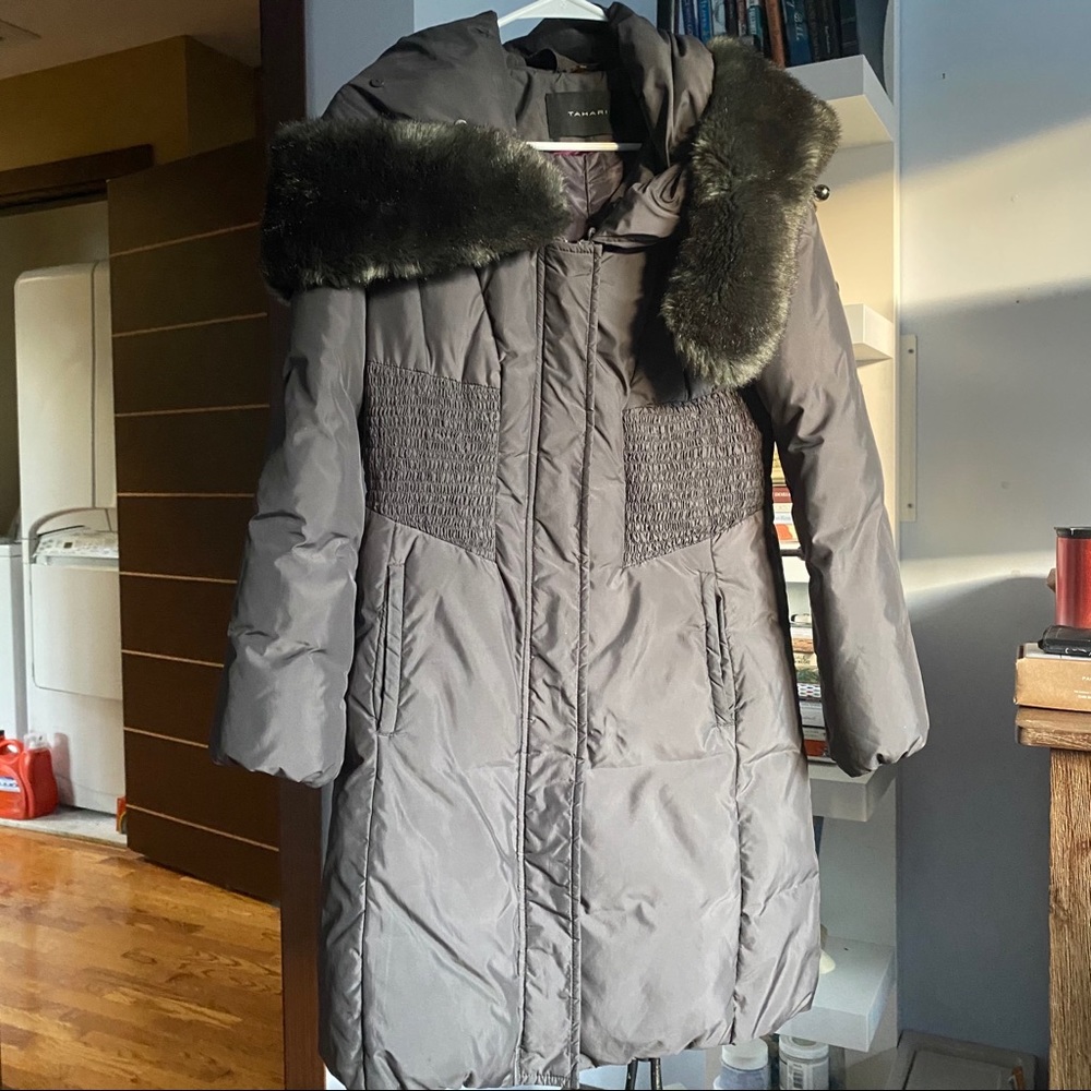 Ellie Tahari Faux Fur Down Jacket in Dark Grey, XS